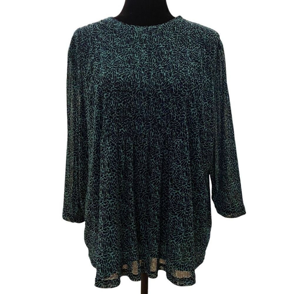 Liz Claiborne Aqua and Black 3/4 Sleeve Geometric Print Top Sz‎ 3X